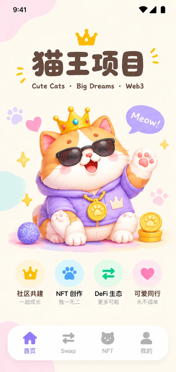 戴皇冠墨镜、穿紫色卫衣的猫王吉祥物